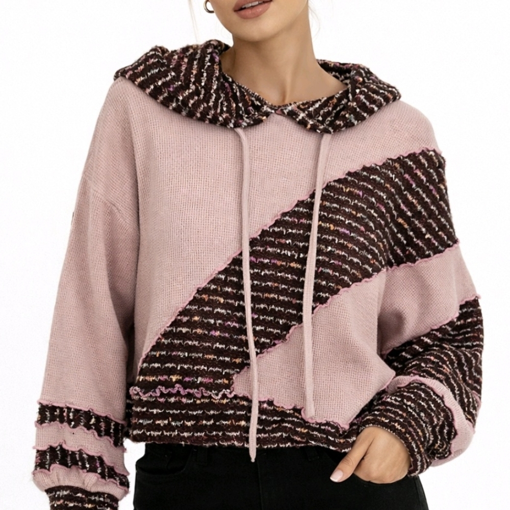 POL Sweater Pink Hooded Mixed Knit Size M